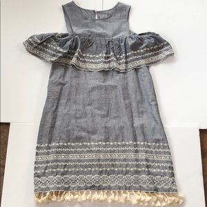 Chambray off the shoulder fringe dress